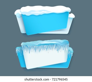 vector cartoon realistic white, blue winter empty banner templates wit snow caps, icicles set. Illustration on grey background with space for your text. Christmas, new year holidays design element