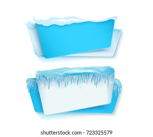 vector cartoon realistic white, blue winter empty banner templates wit snow caps, icicles set. Illustration on grey background with space for your text. Christmas, new year holidays design element