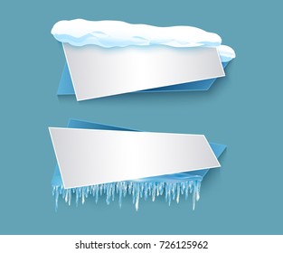 vector cartoon realistic white, blue winter empty banner templates wit snow caps, icicles set. Illustration on grey background with space for your text. Christmas, new year holidays design element