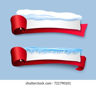 vector cartoon realistic white winter empty banner templates wit snow caps icicles red ribbons set. Illustration on grey background with space for your text. Christmas new year holidays design element
