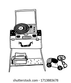 reproductor de discos vectoriales en la mesa de café con libros y camión de juguete