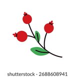 Vector cartoon of red berries on a branch with leaves. Illustration of fresh fruit like cranberry, holly, or currant.