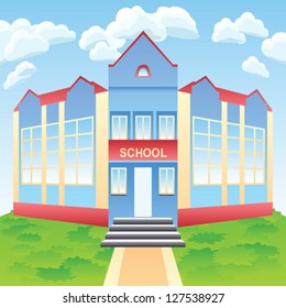 Vector cartoon red and blue modern school  building