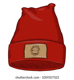 Vector Cartoon Red Casual Textile Cap with Brown Leather Label.