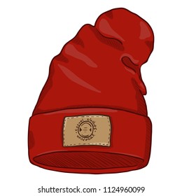Vector Cartoon Red Casual Textile Cap with Brown Leather Label.