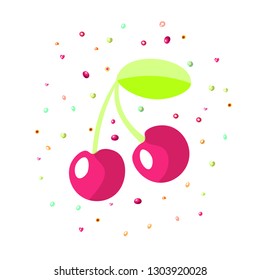 Vector cartoon red cherry icon. Bordo cartoon cherry icon with sprinkles isolated on white background. Vector cartoon cherry icon