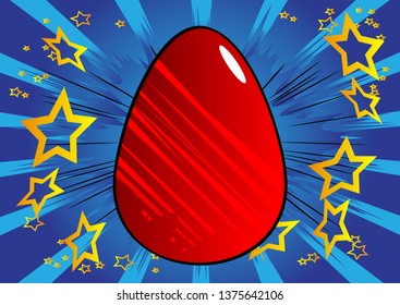 Vector cartoon red Easter egg. Illustrated holiday sign on comic book background.