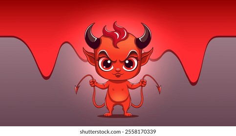 Vector cartoon red evil and funny little horned devil baby with two tails. Cartoon kawaii villain. Cute hellish animation creature.