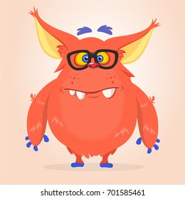 Vector cartoon of a red fat and fluffy Halloween monster with big ears wearing glasses. Funny troll or gremlin character