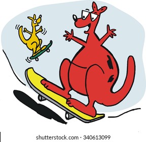 Vector cartoon of red kangaroo on skateboard.
