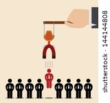Vector cartoon of Red man among black is magnetized by big magnet
