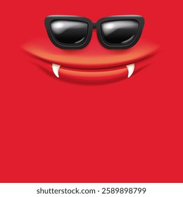 Vector Cartoon red monster face with black vintage sunglasses, open mouth, fangs. Monster banner,sticker,poster, background, label. Vector monster