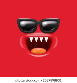 Vector Cartoon red monster face with black vintage sunglasses, open mouth, fangs. Monster banner,sticker,poster, background, label. Vector monster