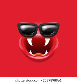 Vector Cartoon red monster face with black vintage sunglasses, open mouth, fangs. Monster banner,sticker,poster, background, label. Vector monster