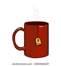 Vector Cartoon Red Mug with Tea-bag Label