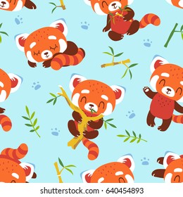 vector cartoon red panda blue seamless pattern