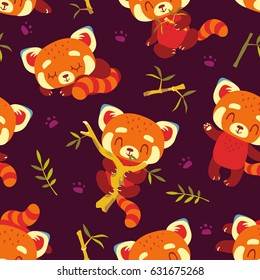 vector cartoon red panda dark seamless pattern