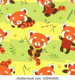 vector cartoon red panda green seamless pattern with stripes