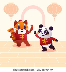 Vector cartoon of a red panda and a panda joking with red packets as gifts on Chinese holidays while having fun