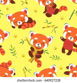 vector cartoon red panda yellow seamless pattern