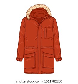 Vector Cartoon Red Parka Jacket. Winter Outerwear.