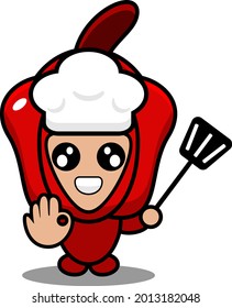 vector cartoon red pepper vegetable mascot character wearing a chef hat and holding a spatula