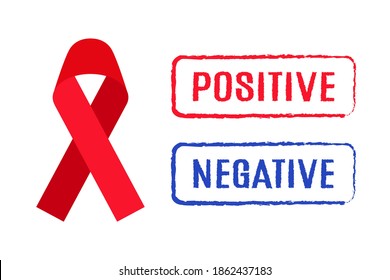 Vector cartoon red ribbon and positive and negative signets of HIV test result. December 1 is the World AIDS Day. Awareness of the problem of AIDS and HIV.