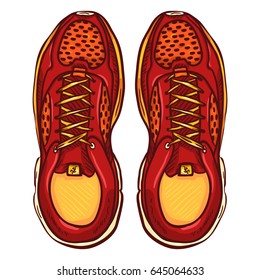 Vector Cartoon Red Running Shoes. Top View.