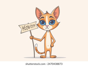 Vector cartoon red sad cute skinny cat. Big Blue eyes. Kawaii kitten stands with sign. Meow city. Light isolated background.