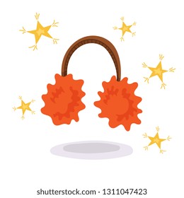 Vector cartoon red warm headphones with stars on white background. Vector card design. Clothing set. Music device. Beautiful headphones, great design for any purposes.