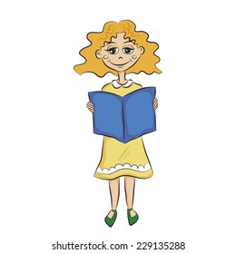 Vector cartoon red-haired girl reading book