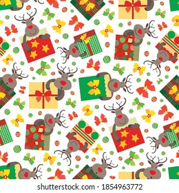 Vector cartoon reindeer with giftboxes seamless pattern background. Cute animal characters with square bow tied presents on white background. Traditional Christmas colors. Busy fun all over print.