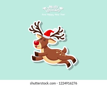 Vector cartoon reindeer Sticker. Merry Christmas and happy new year. decorative element on holiday. Greeting card design, posters, gift tags and labels.