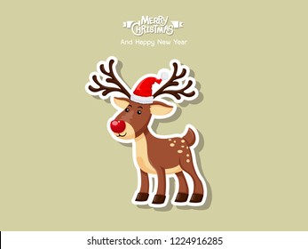 Vector cartoon reindeer Sticker. Merry Christmas and happy new year. decorative element on holiday. Greeting card design, posters, gift tags and labels.
