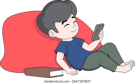 Caricatura vetorial de um menino relaxado sentado em um saco de feijão, sorrindo enquanto usa um smartphone com um livro deixado ao seu lado