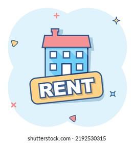 Vector cartoon rent house icon in comic style. Rent sign illustration pictogram. Rental business splash effect concept.