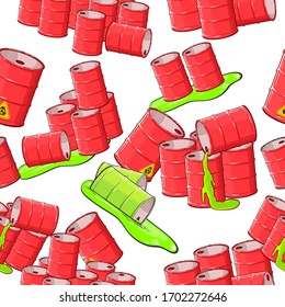 Vector cartoon repeat pattern with many toxic barrels with green toxic liquid
