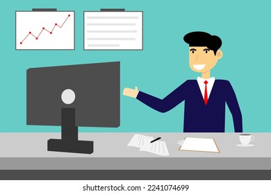Vektorkartoon-Reporter, der den Leuten mit Infografik im Zimmer-Studio Neuigkeiten ankündigt
