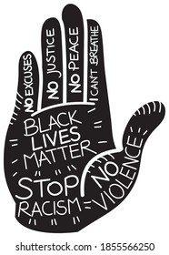 a vector cartoon reprensenting a black human hand gesturing a stop signal - end racism concept - Black Lives Matter