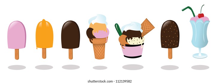 a vector cartoon representing 5 different kind of ice creams and a milk shake