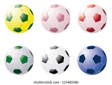 a vector cartoon representing 6 soccer balls in different colors