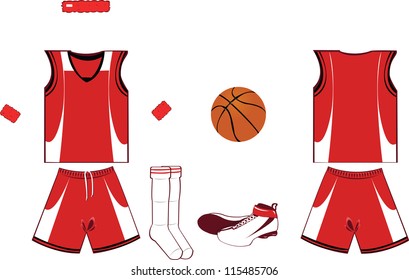 A vector cartoon representing basket game accessories and clothing, every object is singly grouped