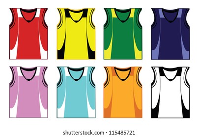 a vector cartoon representing a collection of basket shirts in different colors