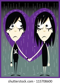 a vector cartoon representing a couple of young emos, just fallen in love