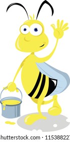 a vector cartoon representing a cute bee carrying a bucket full of honey