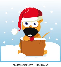 a vector cartoon representing a cute dog in the snow hanging a wooden post