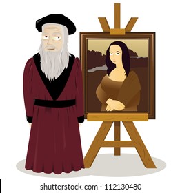 a vector cartoon representing an easel with a Mona lisa and Leonardo Da Vinci