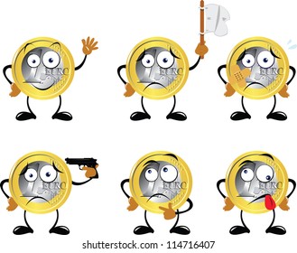 a vector cartoon representing a euro coin in different poses