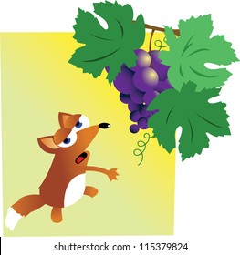 una caricatura vectorial que representa la famosa historia del zorro y las uvas