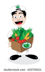 a vector cartoon representing a friendly and smiling courier, running and delivering a fresh healthy vegetables carton - online order and fast shipping concept